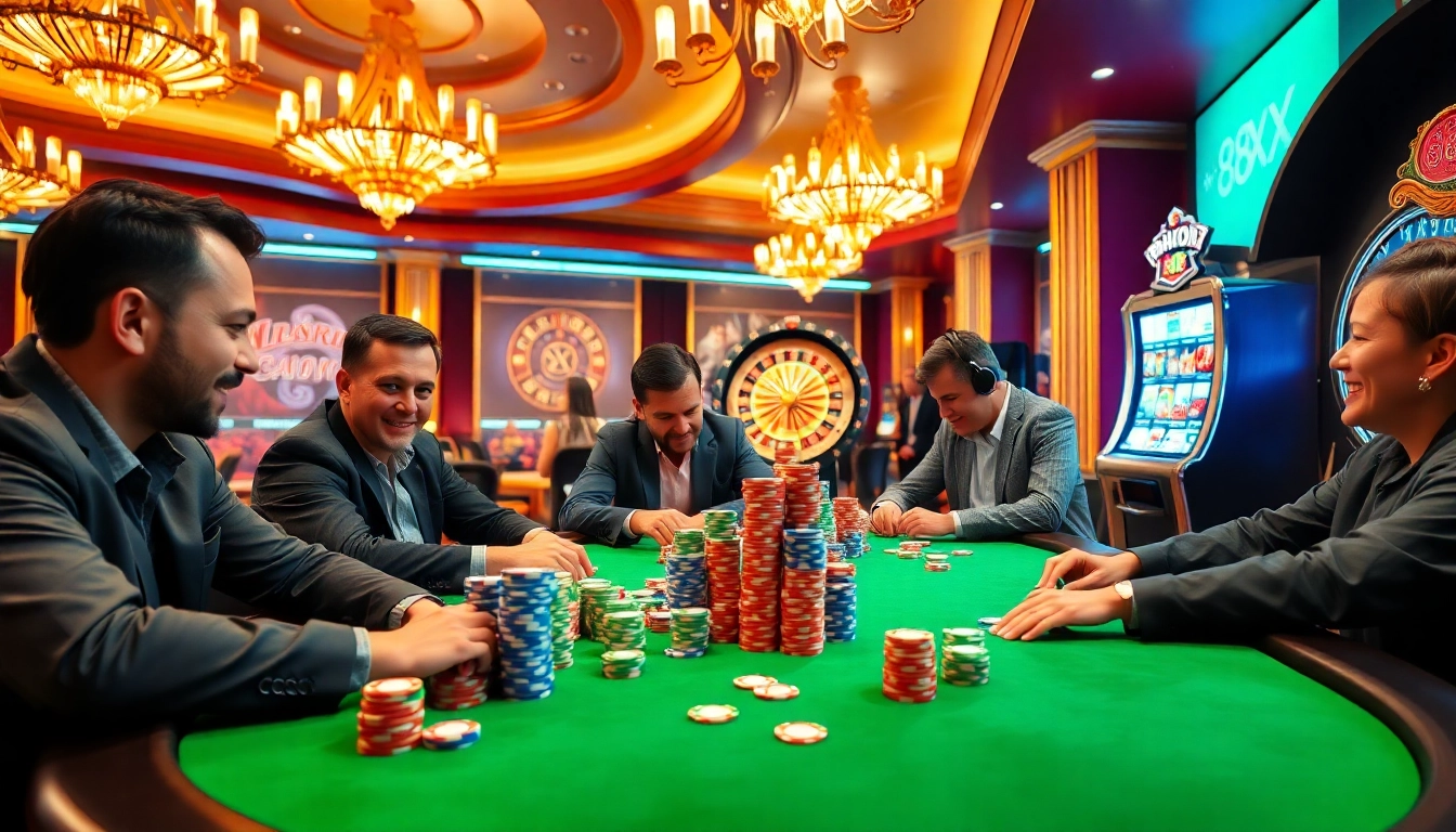Excited players engage in a high-stakes poker game at 88xx casino.