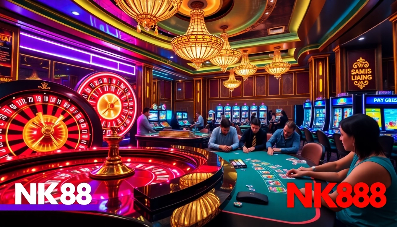 Experience thrilling gameplay at NK88's vibrant casino tables with excited players and luxurious ambiance.
