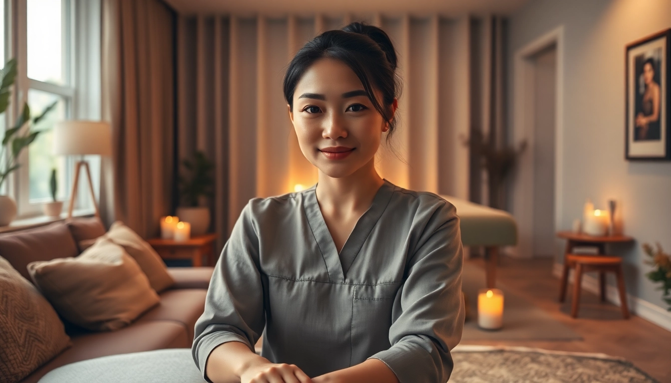 Peaceful 평택출장마사지 scene with a Thai therapist in a serene living room, inviting relaxation.