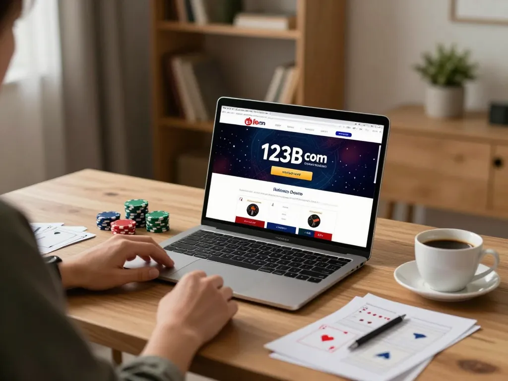 Playing poker online on 123B com with strategy notes and warm ambiance.