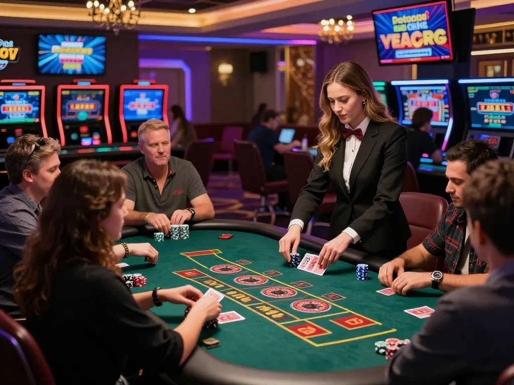 xx88 casino gaming scene with diverse players, vibrant digital displays, and professional dealer in action.