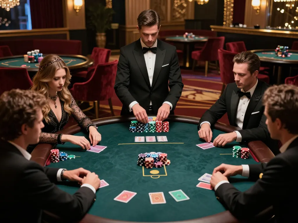 Players strategizing around an upscale poker table, embodying rwin with intense competitive spirit and high-stakes gameplay.
