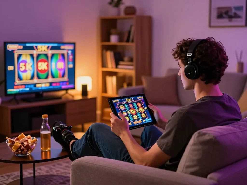 Player enjoying the slot 5k online gaming on tablet, surrounded by a cozy atmosphere.