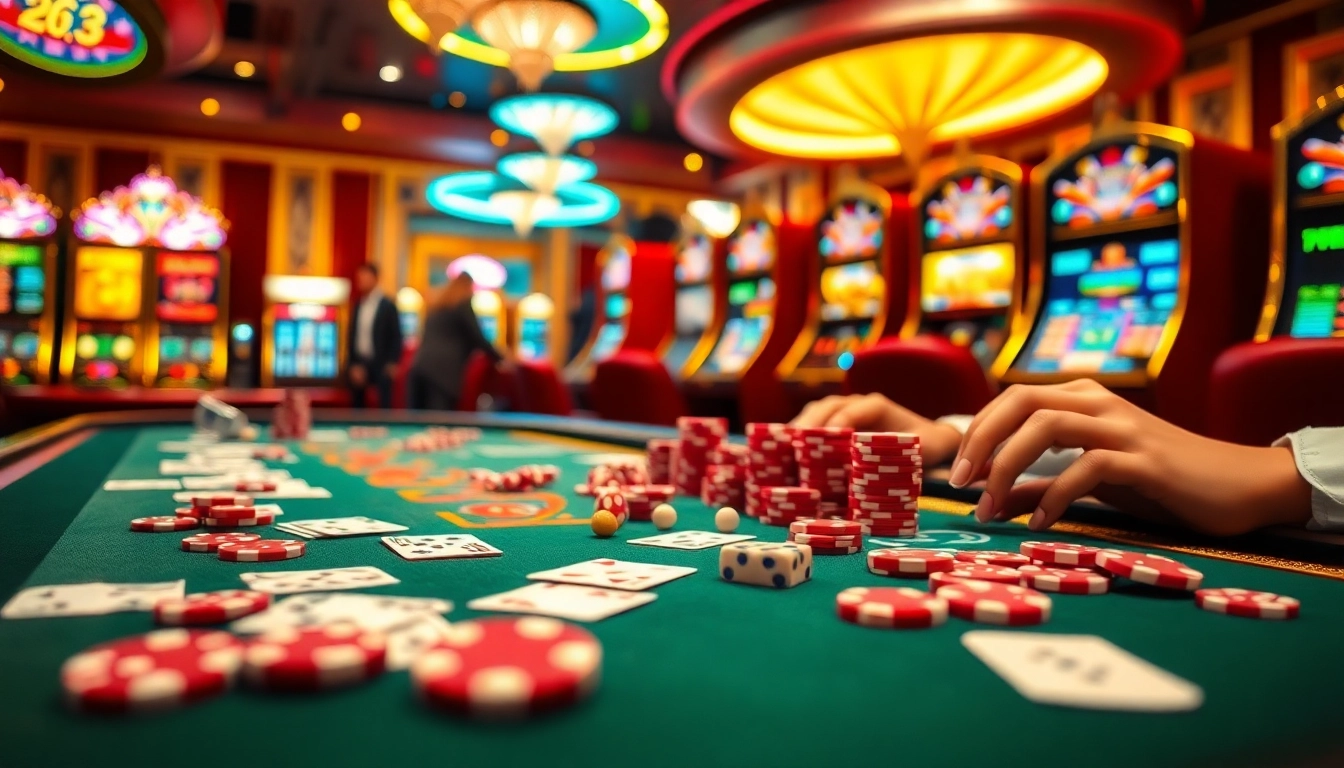 s666 Casino players engaging with vibrant poker chips and dynamic slot machines.
