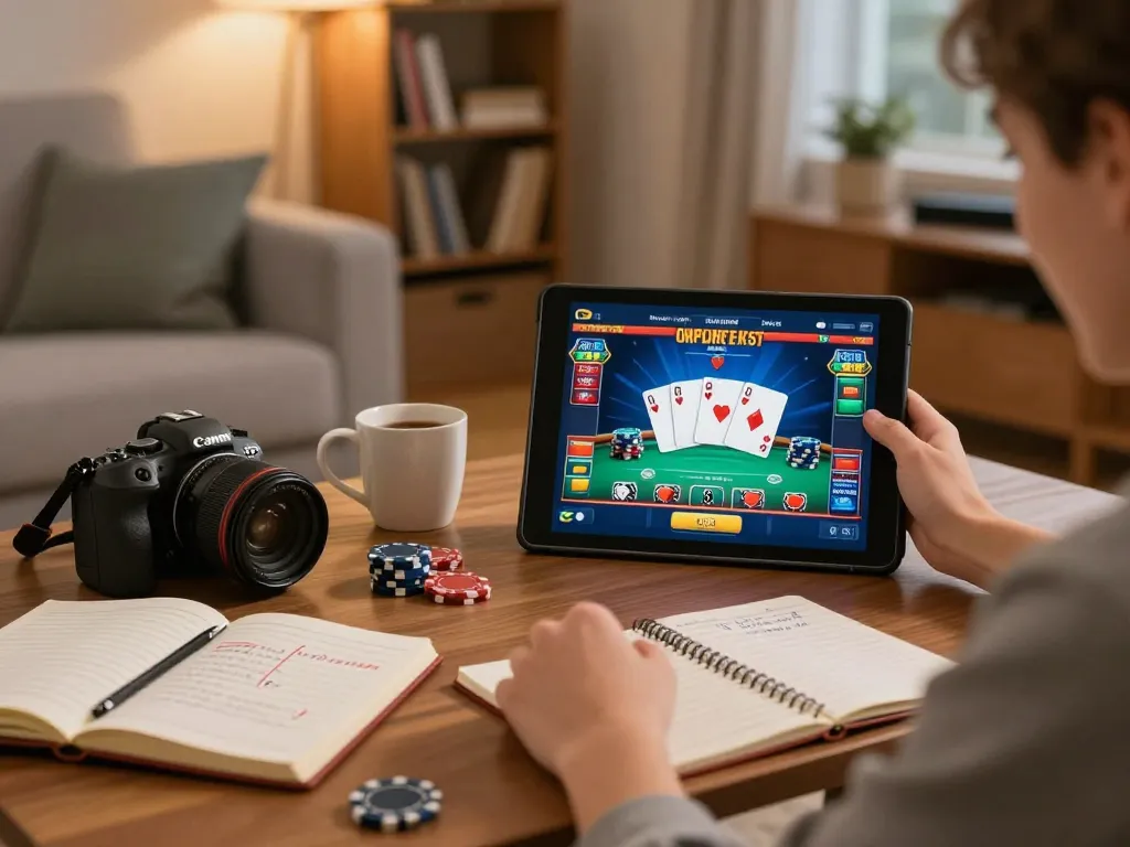 Engaged player using a tablet for bk8 online casino poker, showcasing strategic notes in a cozy home setting.