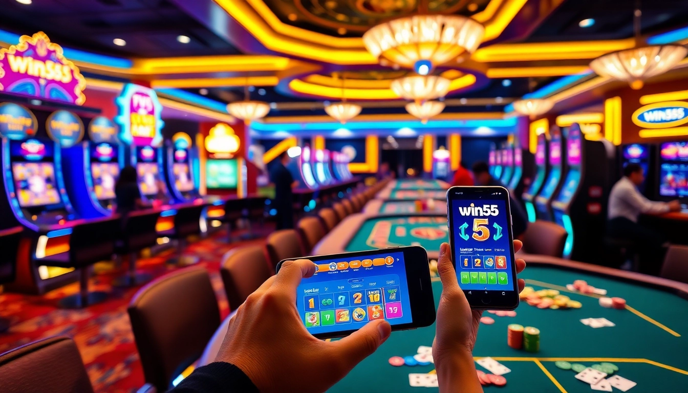 Players enjoying the win55 app at a luxurious casino, showcasing vibrant slot machines and poker tables.