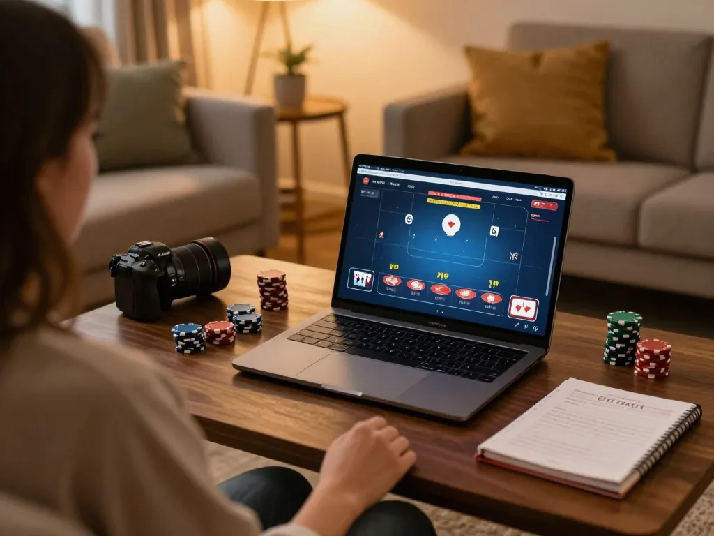 Engaging gameplay on TK999 poker app from a cozy home setup with chips and strategy notes.