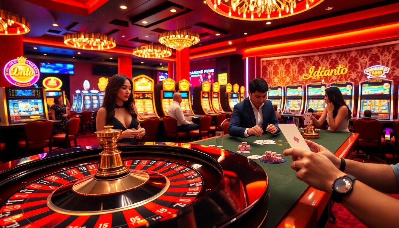 Lazadatoto players enjoying a vibrant roulette game in a luxurious casino atmosphere.