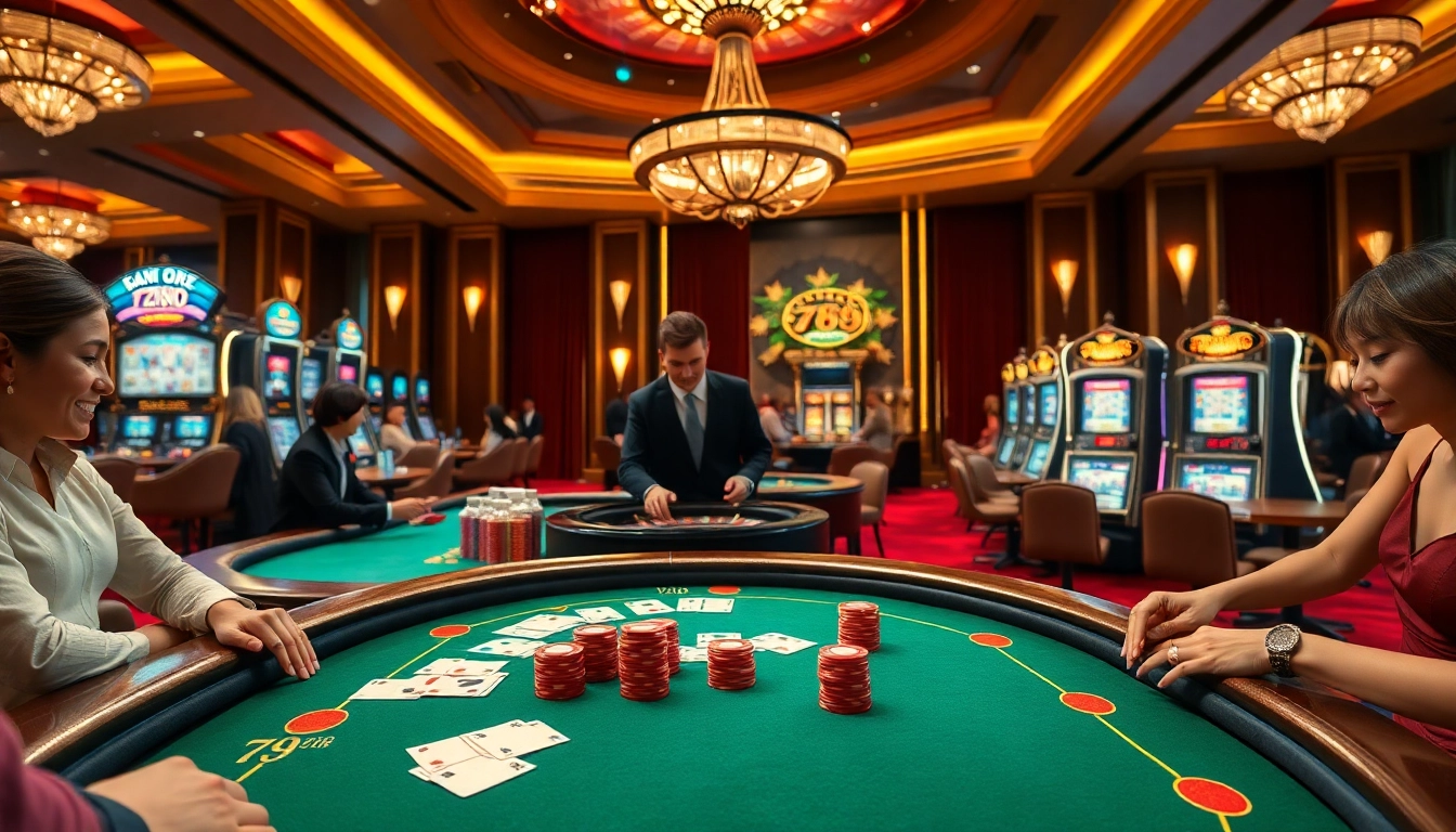 Players enjoy a thrilling game at 789club casino, showcasing excitement on poker and slot machines.