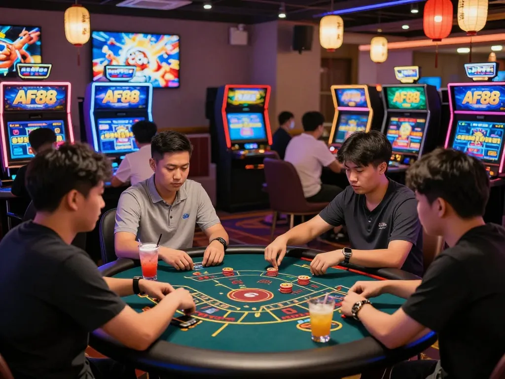Engaged players enjoying AF88 com vibrant gaming lounge experience with table games and modern machines.