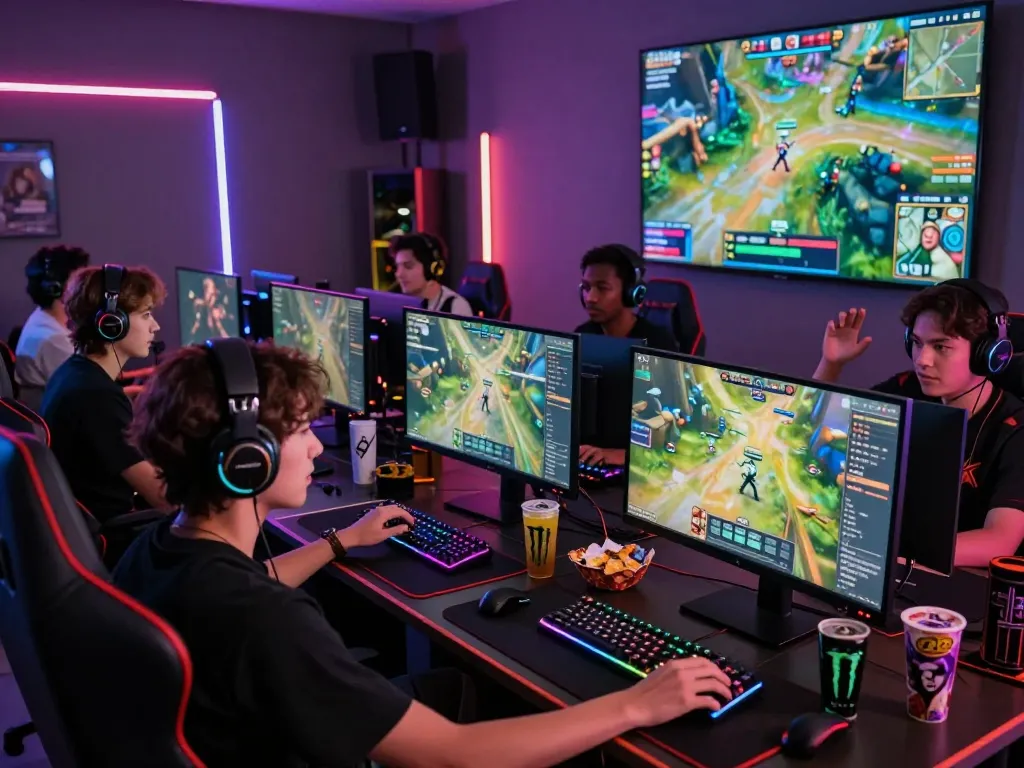 Engaged gamers at https://fabetz88.com/ in a vibrant gaming room with advanced setups and strategy discussions.