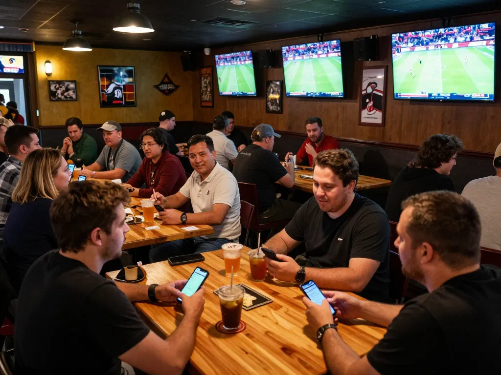 Exciting sports fans engaging in live betting action at may88 sports bar, vibrant atmosphere.