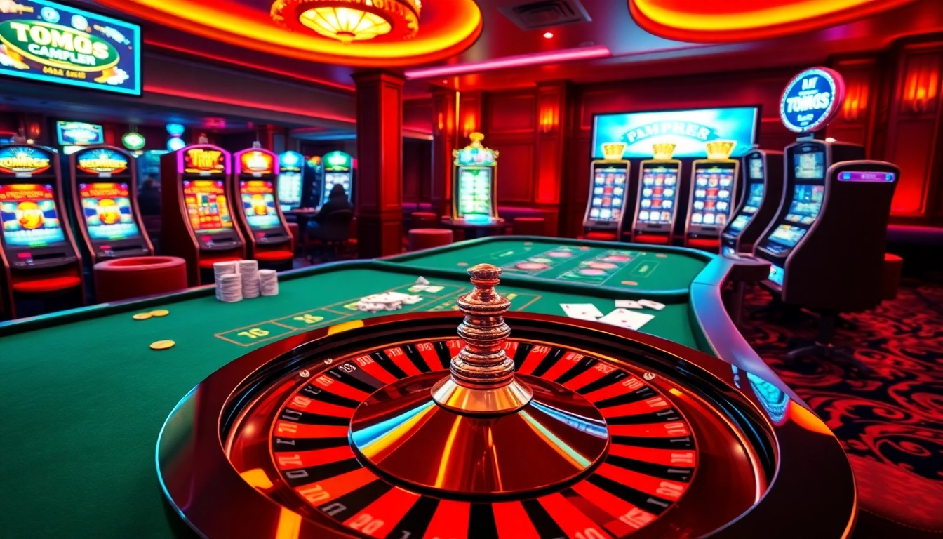Experience thrilling gameplay at https://f1686s.com/ with vibrant casino tables, spinning roulette, and excited players.