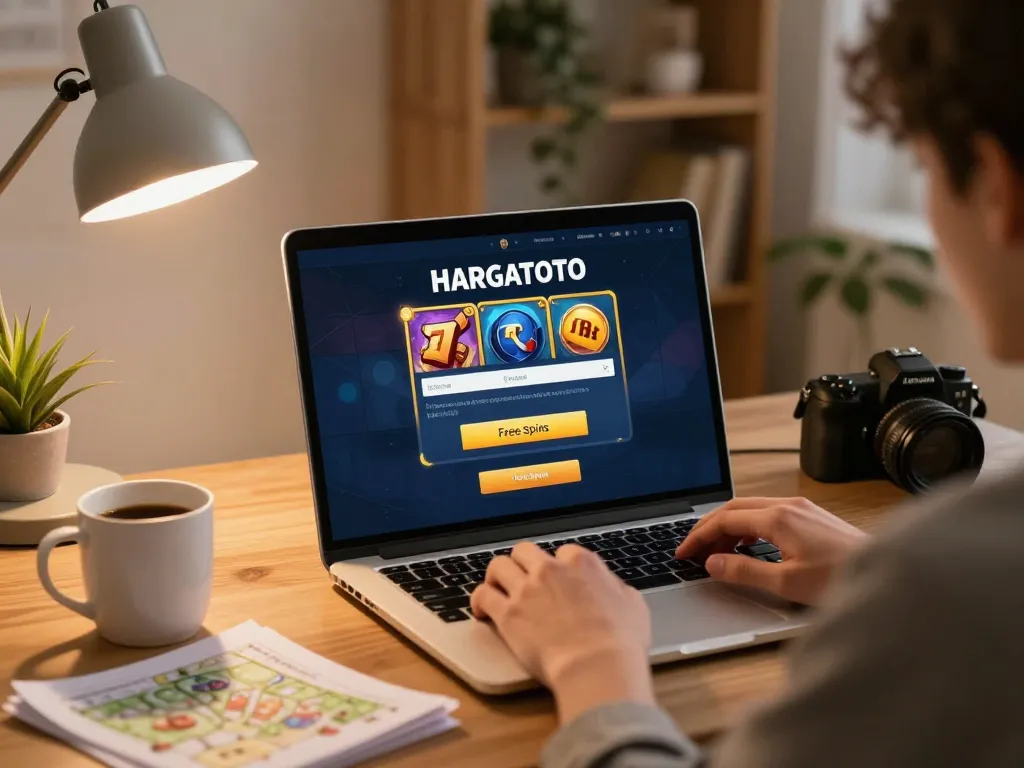 Pemain mengakses login HARGATOTO di laptop, menikmati pengalaman permainan kasino online yang menarik