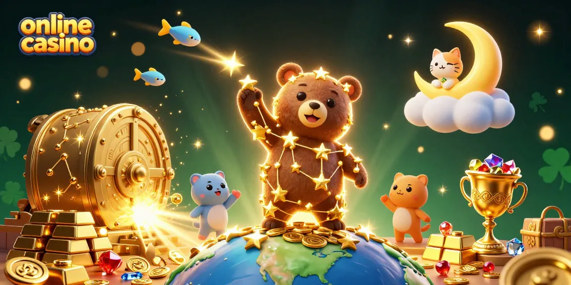 Engage with the vibrant online casino scene featuring a golden constellation bear collecting coins amidst a treasure vault bursting with jewels.