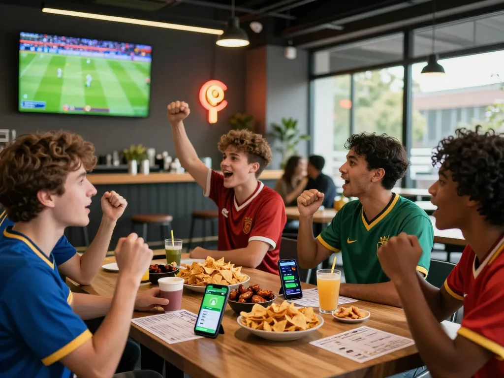 Excited friends engaging in debet betting while watching a football match at a modern lounge.