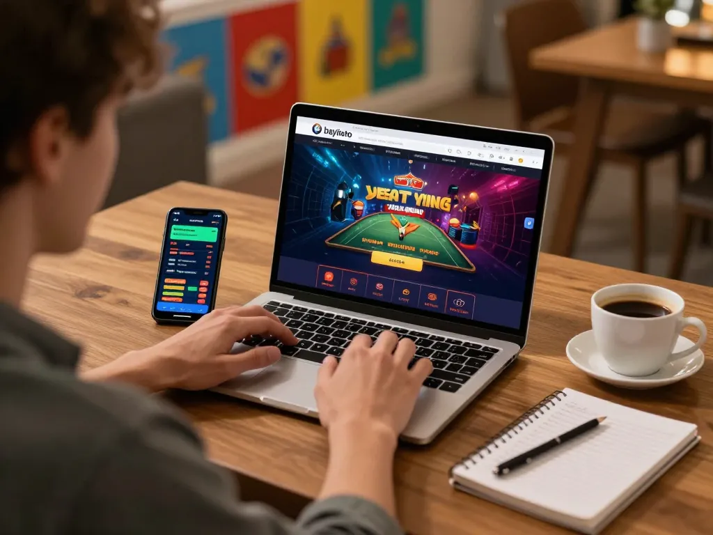 Pemain berinteraksi dengan platform kasino online bayitoto di laptop, menampilkan suasana permainan di rumah yang hidup.