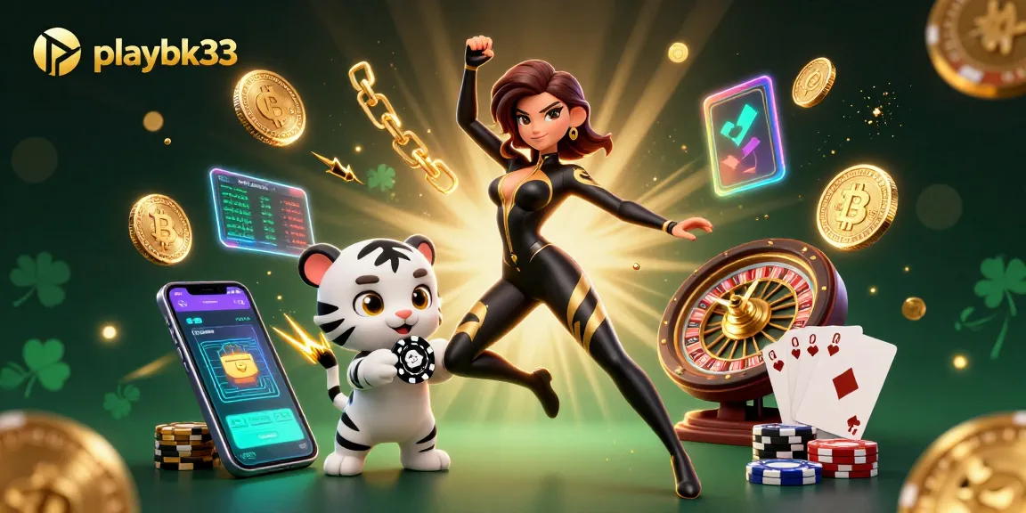 Experience thrilling live casino action with playbk33, featuring a dynamic acrobatic woman and a playful baby tiger amidst vibrant gaming elements.
