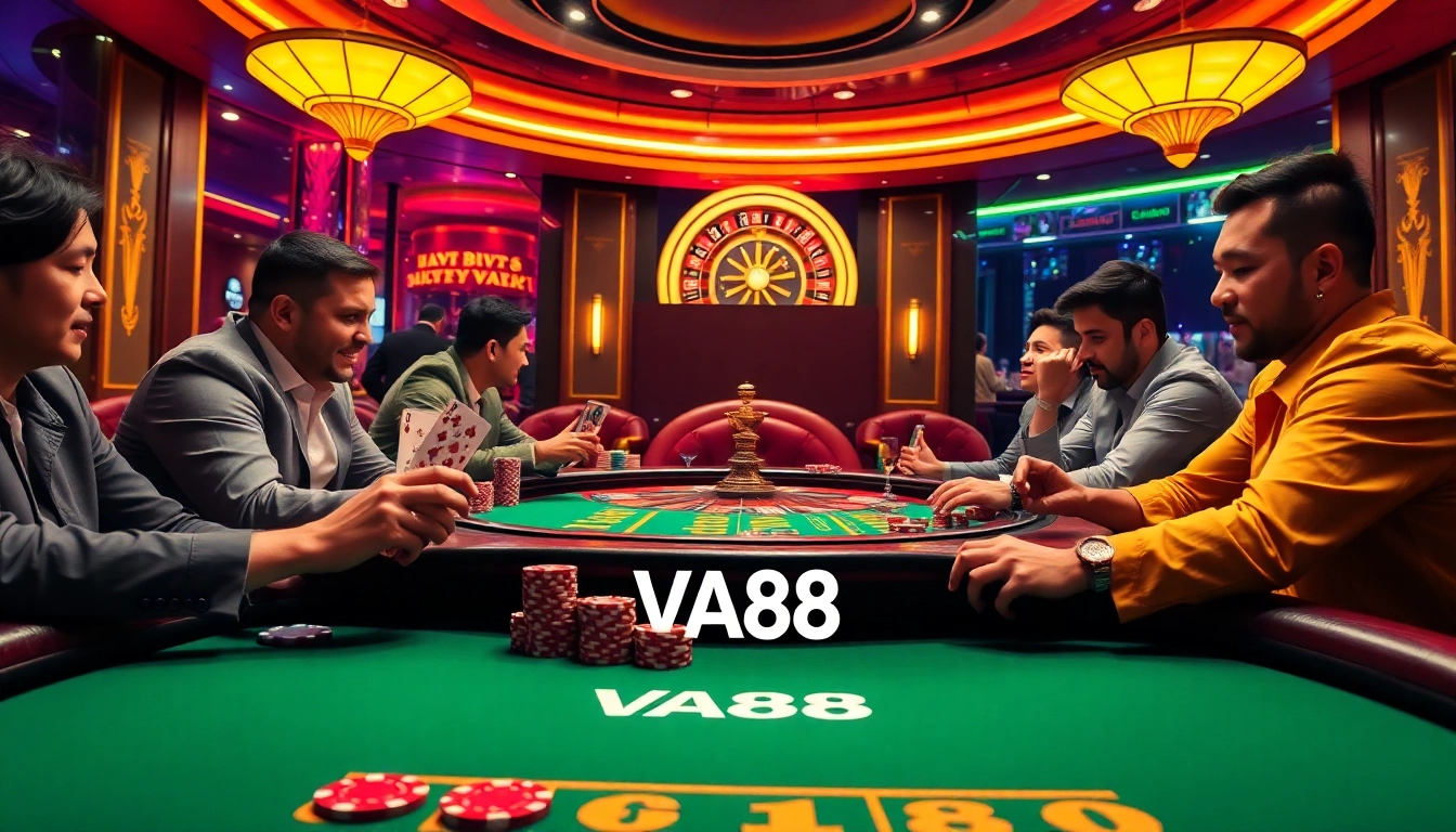 Excited gamblers enjoying a poker game at VA88 casino with luxurious decor and vibrant atmosphere.