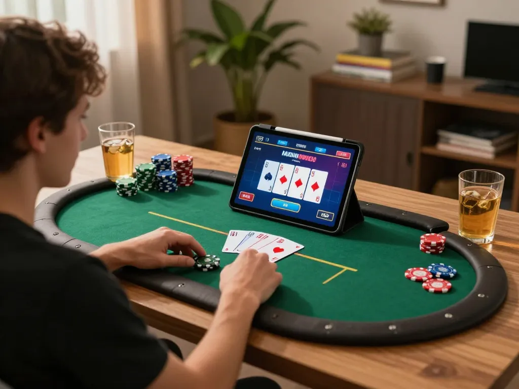 Engaging in online poker at nhà cái 8xbet, showcasing a cozy home gaming experience.