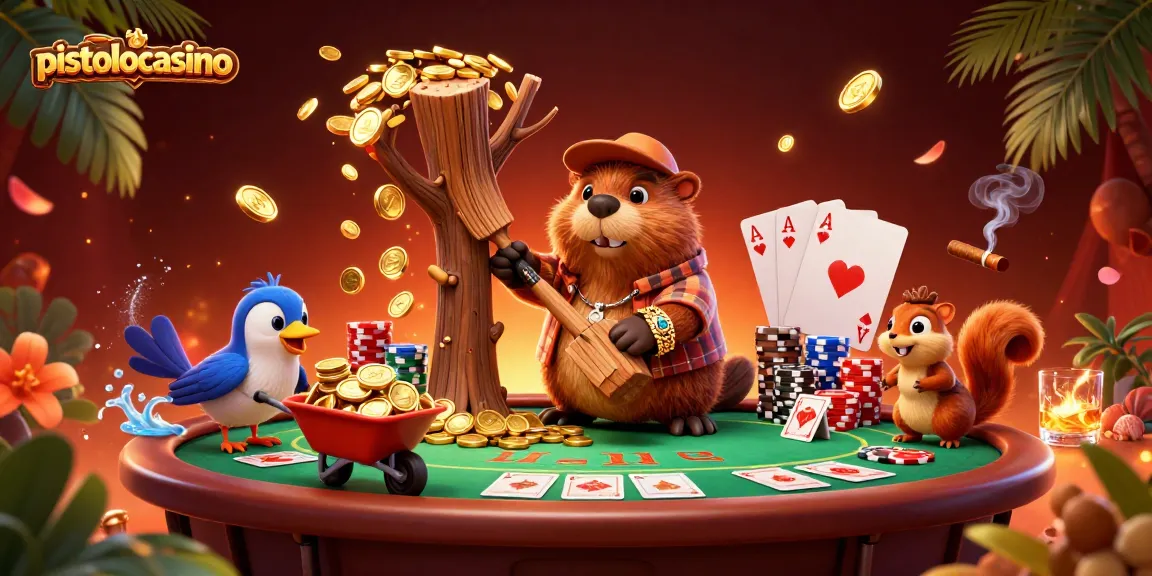 Pistolocasino illustration showing a beaver, bird, and squirrel engaged in gambling activities with coins raining down.