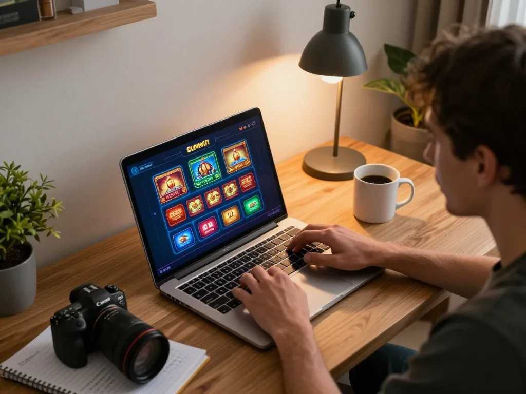 Play exciting games at Sun Win on a cozy laptop setup, showcasing unique online casino experience
