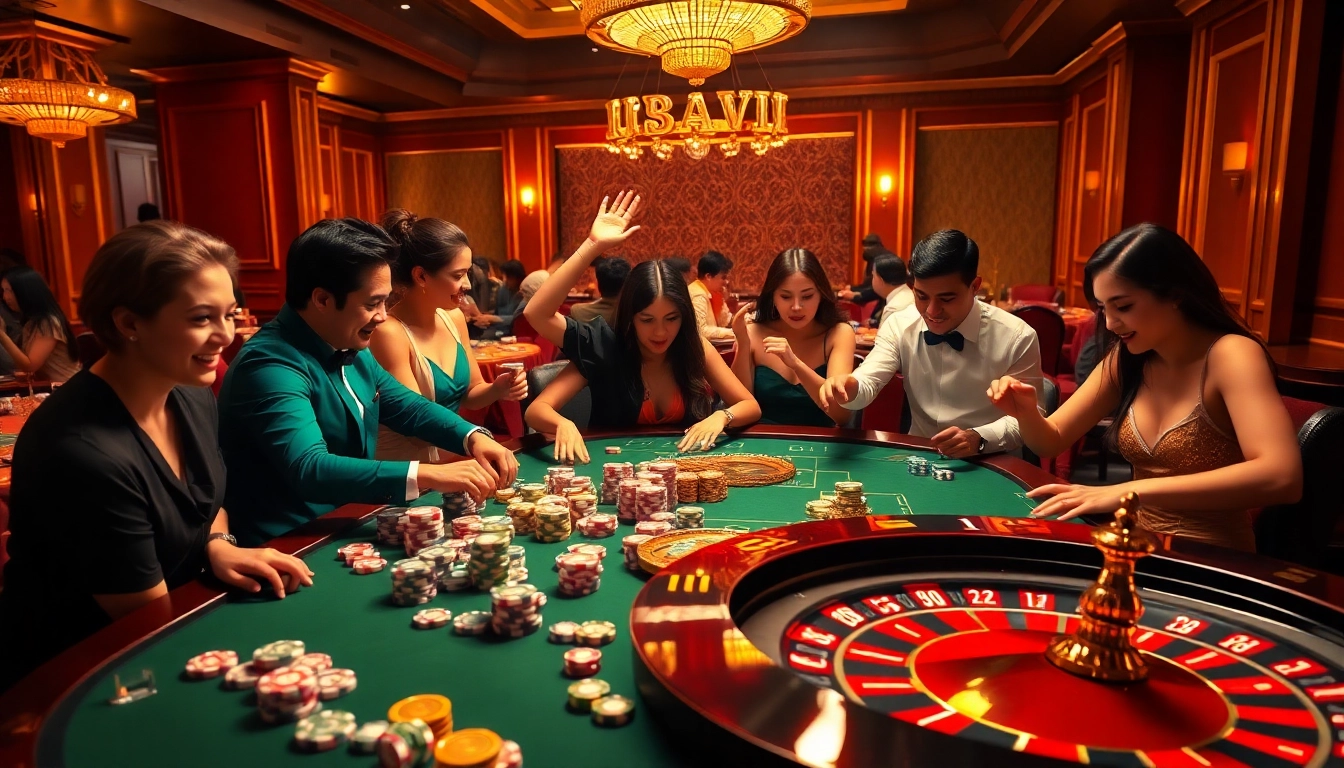 Exciting casino scene showcasing 88vv gaming atmosphere with colorful poker chips and roulette wheel.