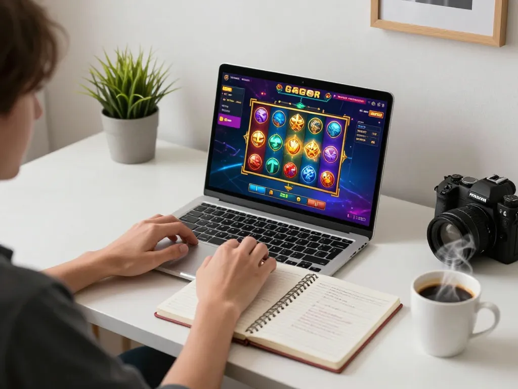 Engaging player enjoys slot gacor gameplay on laptop, showcasing strategic betting environment.