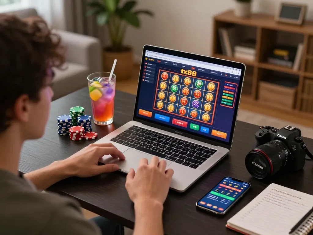 Engaging online gaming session at home featuring tx88 slots with vibrant visuals and strategic setup.