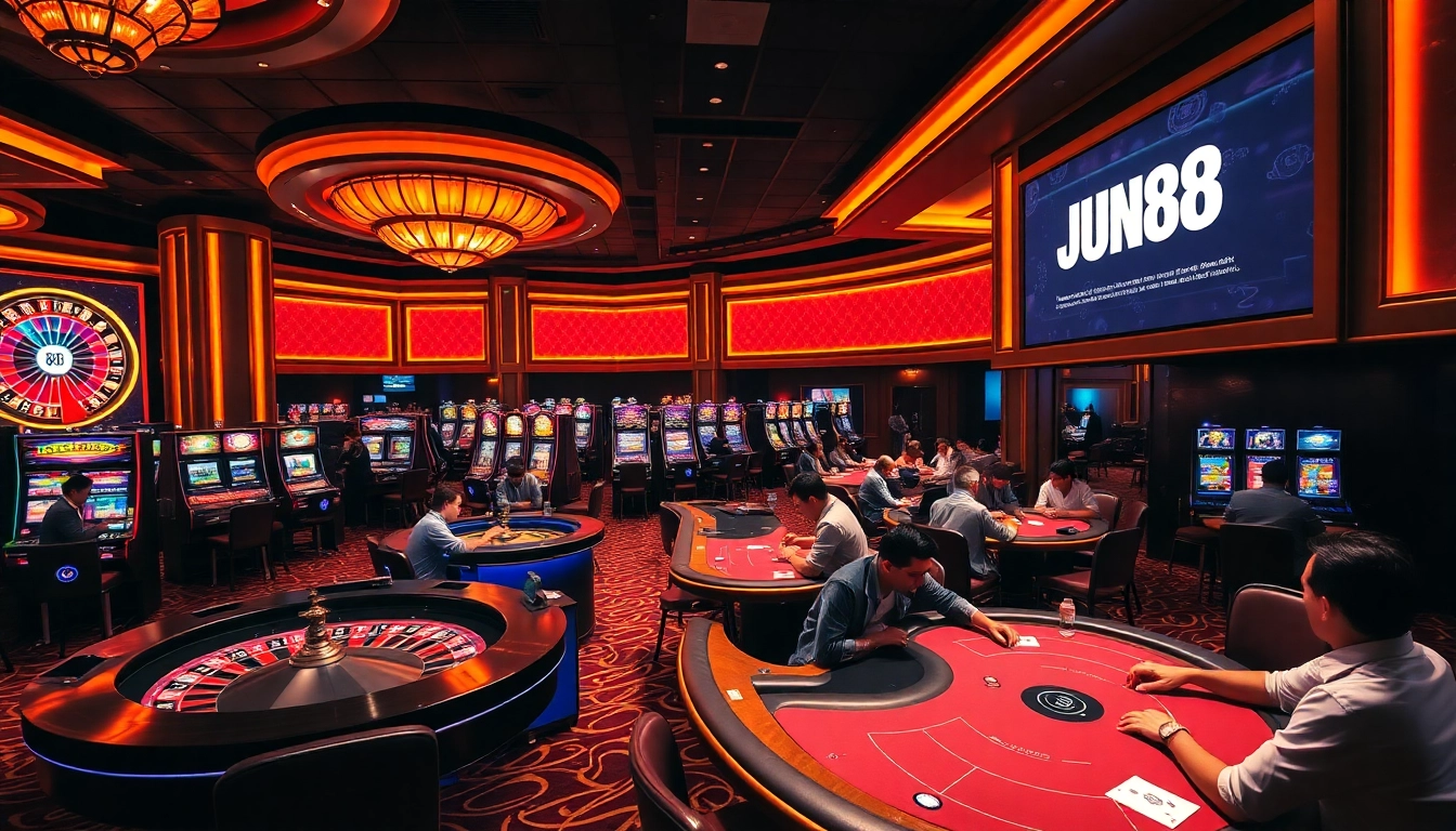 Experience thrilling gaming at JUN88 casino with vibrant tables and slot machines.