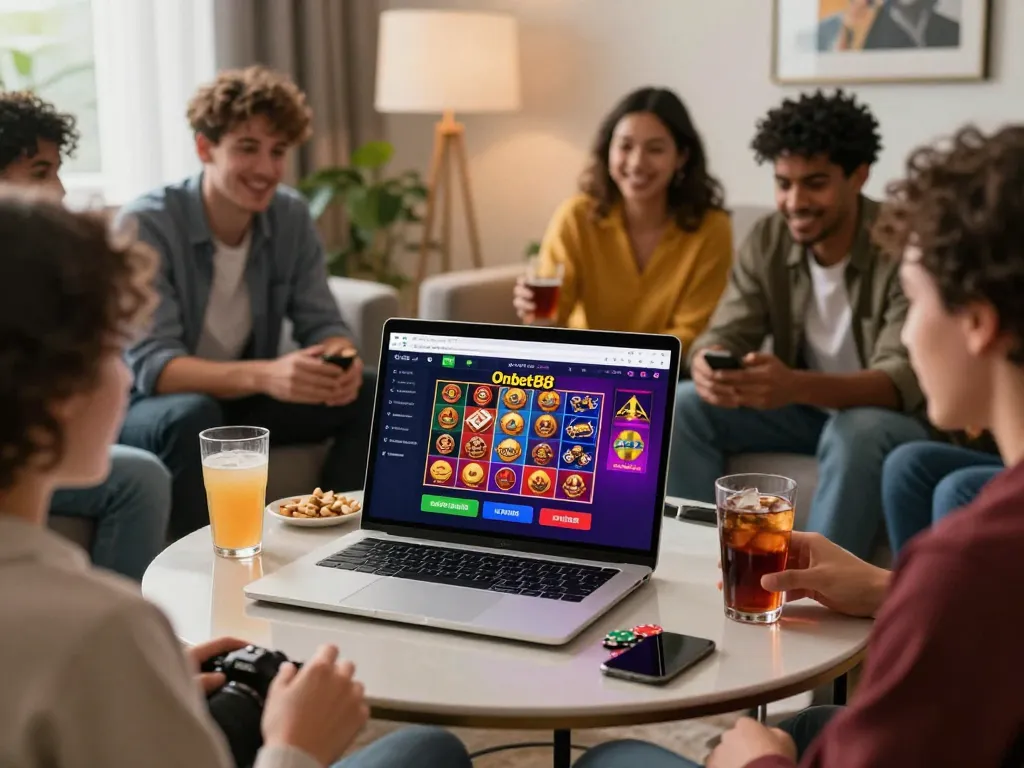 Exciting group of friends enjoying Onbet88 gaming experience on a laptop with vibrant visuals.