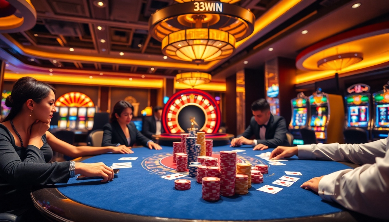 Experience the thrill of 33WIN at a luxurious poker table filled with vibrant chips and cards.