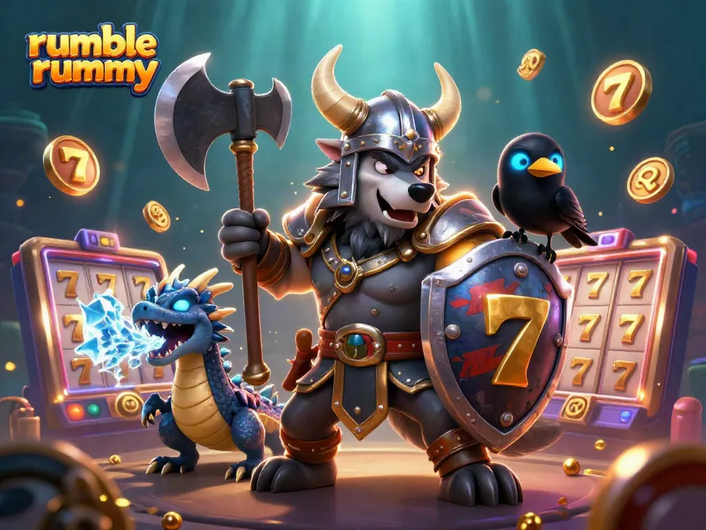 Experience the excitement of rumble rummy with vibrant slot machines and dynamic characters in a captivating scene.