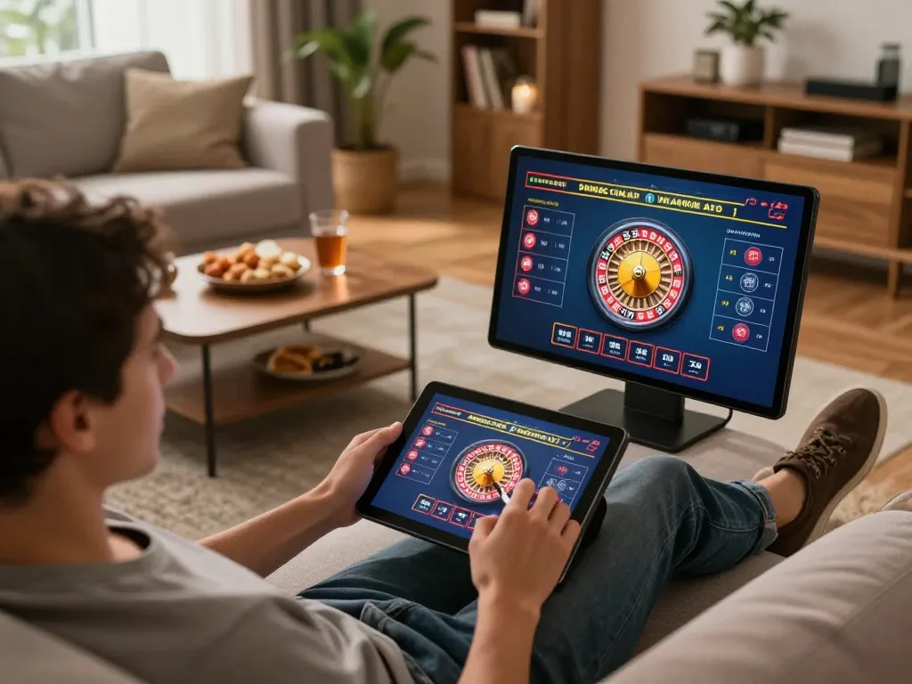 MMOO online player engaging in live dealer roulette on a tablet in a cozy home.