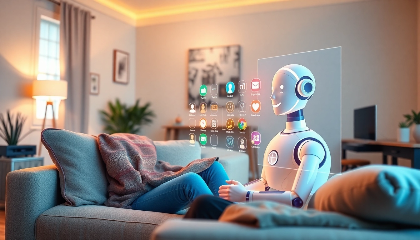Experience a cozy interaction between a user and their crush on AI assistant in a modern living room.
