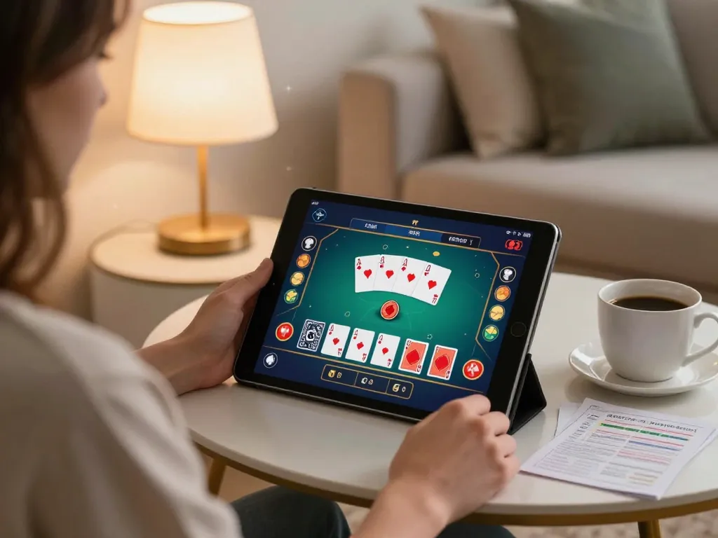 Player enjoying online poker at home on 69vn with strategy notes nearby and a cozy atmosphere