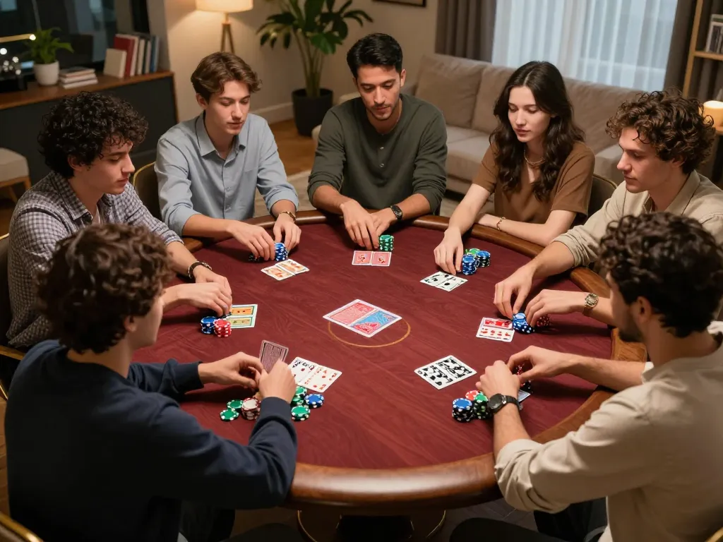 Friends engaging in a poker game at home while strategizing for tg88 victory.