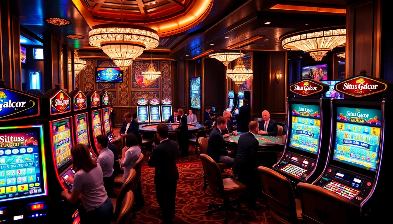 Situs Gacor players engaging with vibrant slot machines in a luxurious casino atmosphere