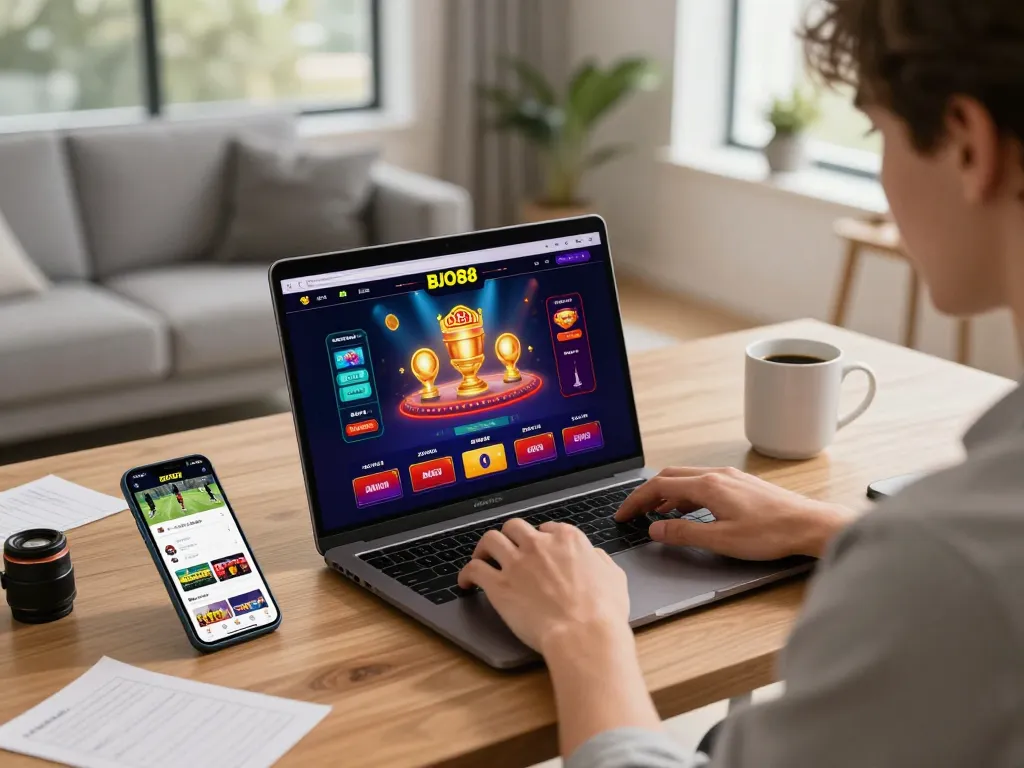 Pemain terlibat menikmati permainan kasino online BJO88 di laptop dengan antarmuka yang cerah dan catatan taruhan.