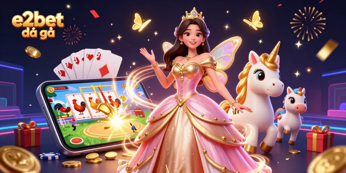 Experience winning with e2bet đá gà, featuring dynamic gameplay and vibrant character illustration.