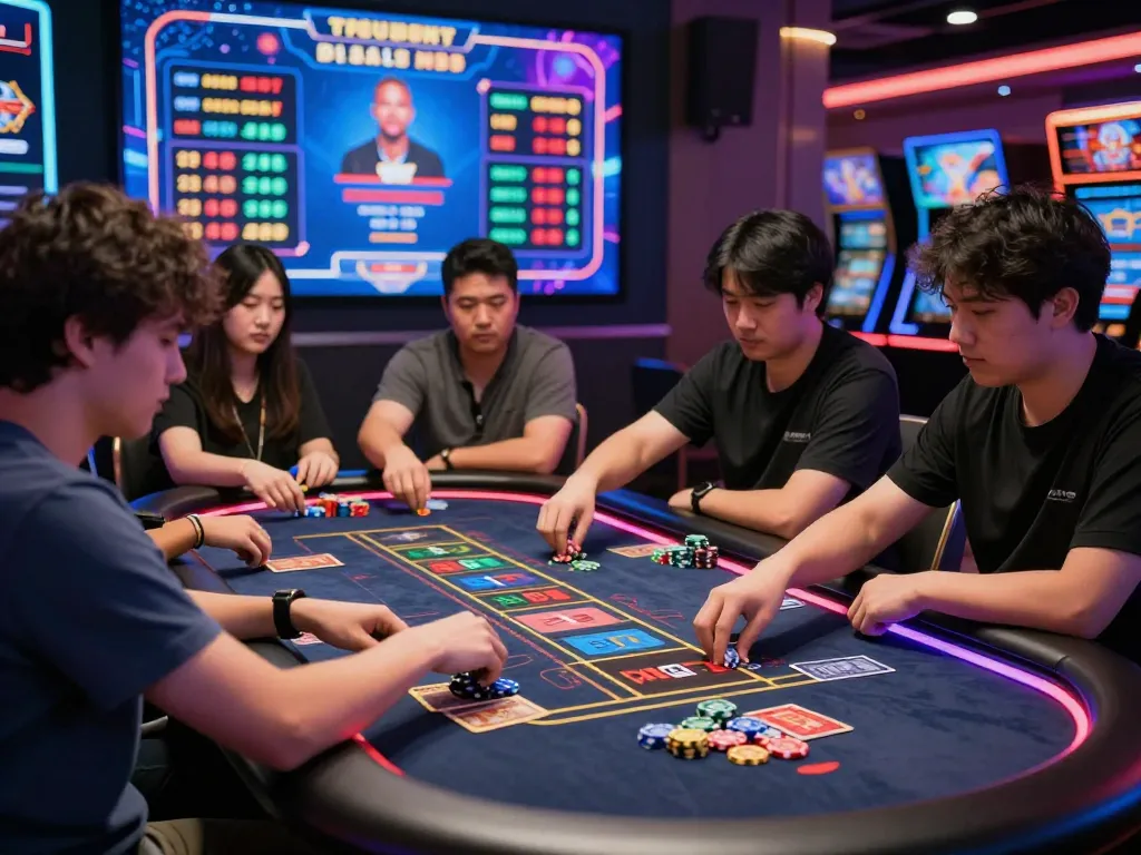 Dynamic gaming table scene with players focused on tài xỉu md5, vibrant digital interface enhancing the gaming experience.