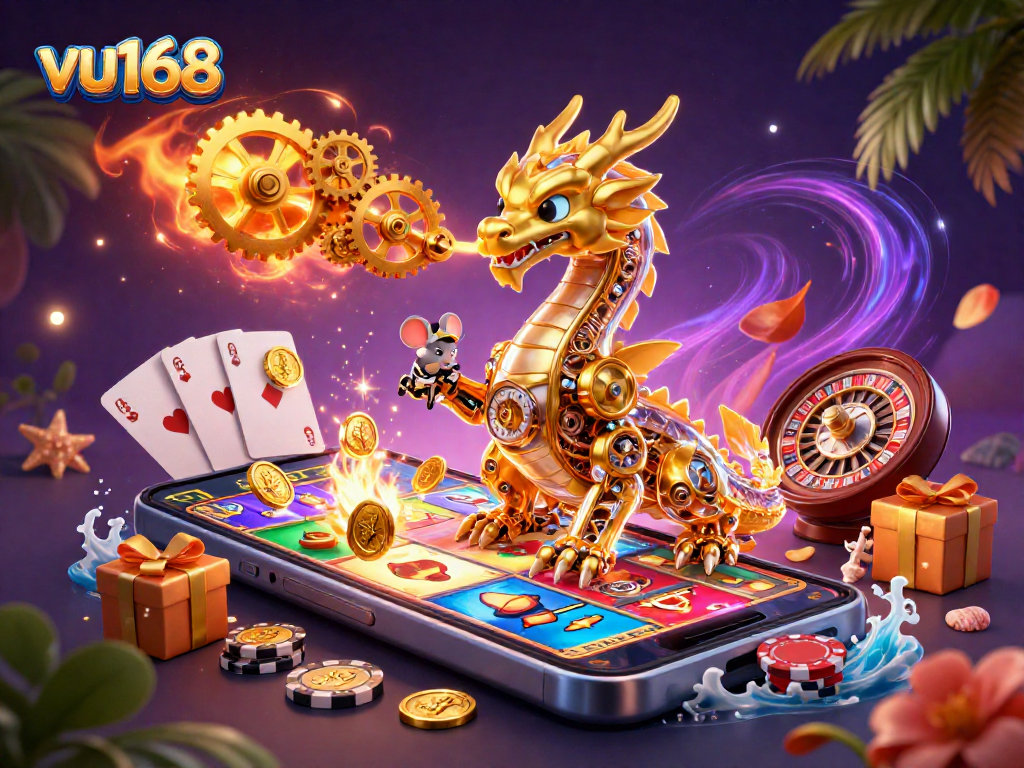 Experience thrilling gaming with vu168's immersive casino elements and vibrant 3D illustration.