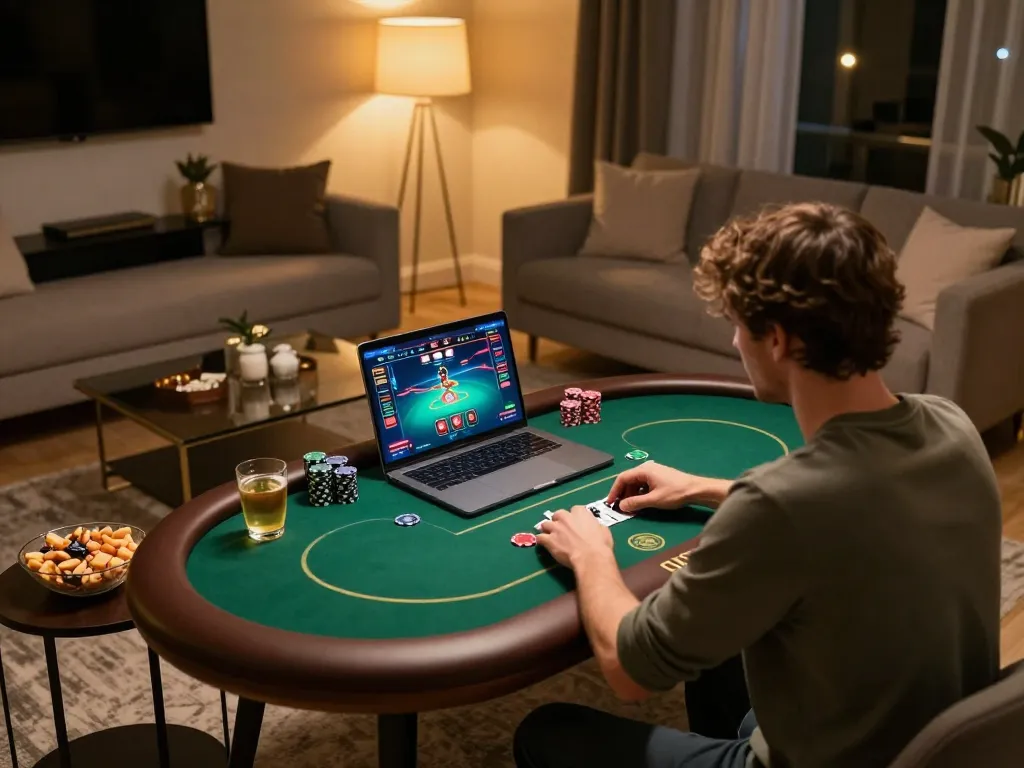 Player engaging with luck888 online poker platform in a cozy home setup