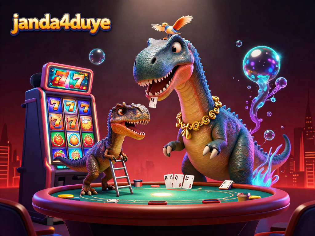 Janda4duye menampilkan suasana kasino dengan brontosaurus unik dan elemen permainan slot.