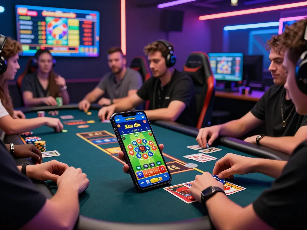 Kuwin players engaging in various online games illustrated by lively gambling atmosphere with colorful chips and cards.