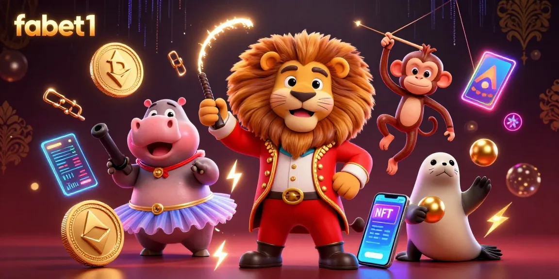 Engage in vibrant fun with fabet1's 3D illustration featuring a circus-themed casino scene filled with lively characters and cryptocurrency visuals.
