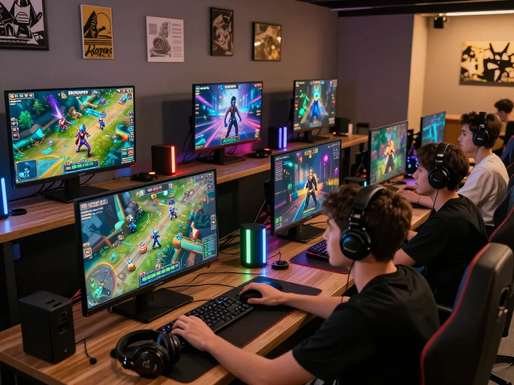 Players immersed in BIOSKOP69 gaming, showcasing interactive elements and vibrant visuals in a modern lounge.