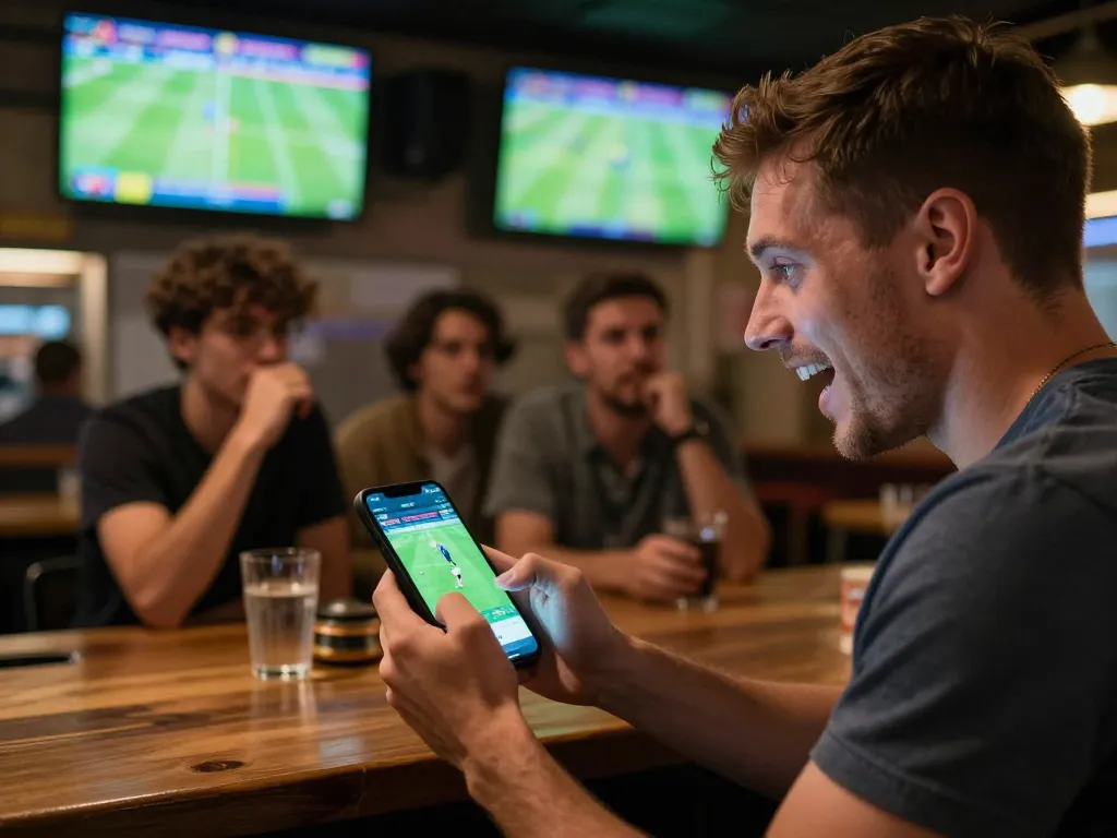 Aksi taruhan SPBO di aplikasi mobile selama pertandingan sepak bola langsung di bar olahraga.