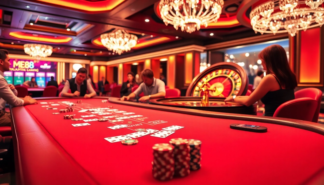 ME88 casino players enjoying a thrilling gaming experience at a lavish table.