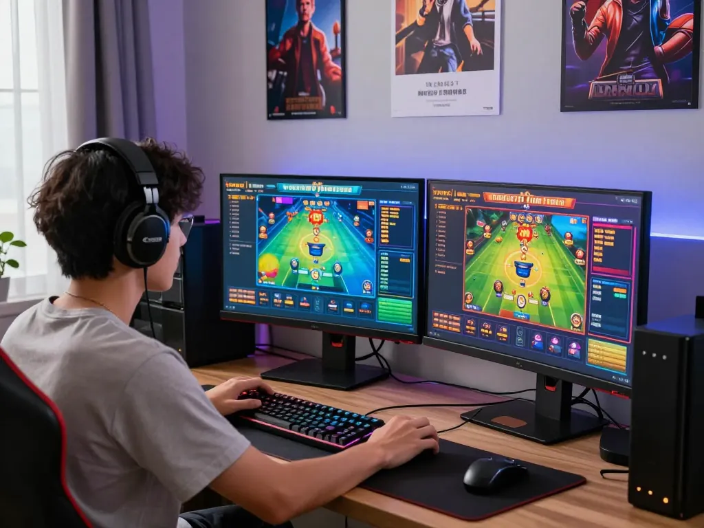 Player engaging with kdtoto games on dual monitors, vibrant Togel and Toto Slot graphics.